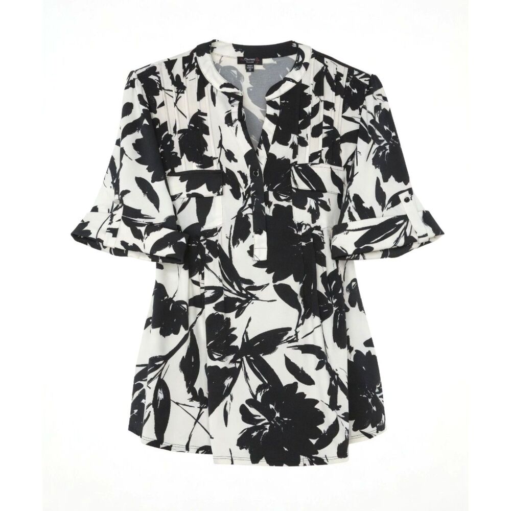 Cocomo Women's Plus Size 1X Black White Floral Print Pintuck Short Sleeve Top